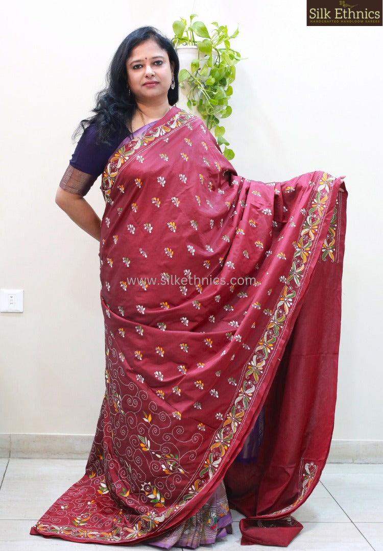 Maroon hand embroidered silk saree