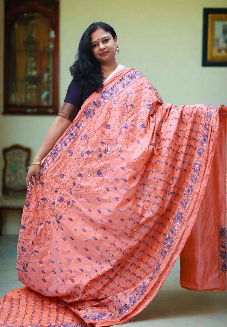 Coral peach hand embroidered saree