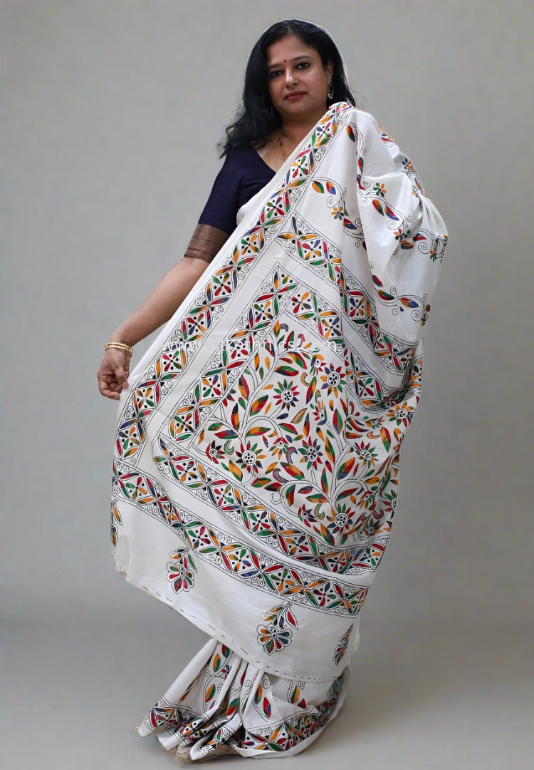 Pearl white hand embroidered silk saree