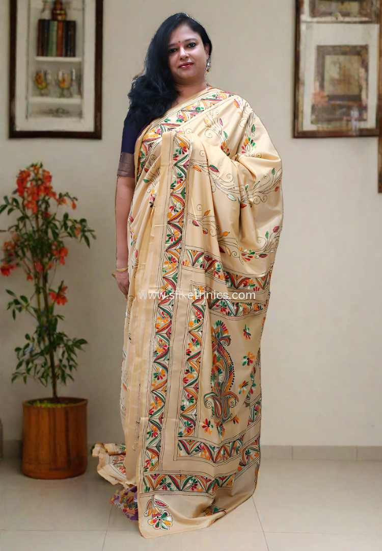 Rich Ivory hand embroidered silk saree