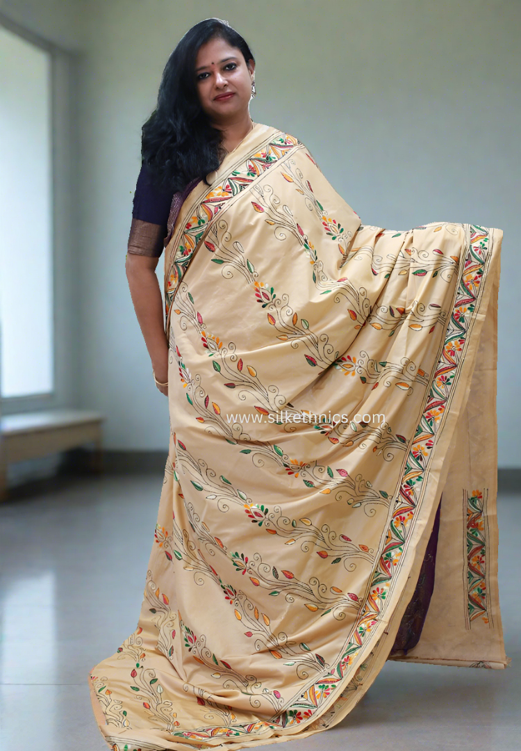 Rich Ivory hand embroidered silk saree