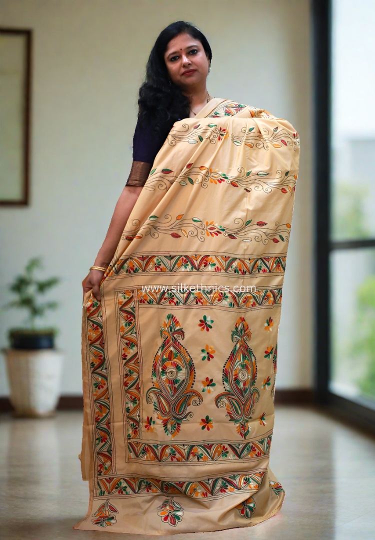 Rich Ivory hand embroidered silk saree