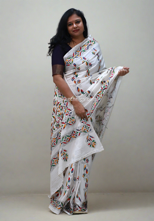 Pearl white hand embroidered silk saree