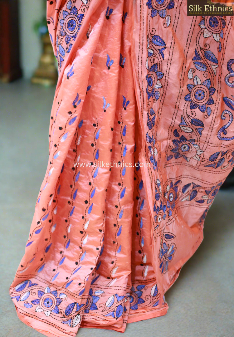 Coral peach hand embroidered saree