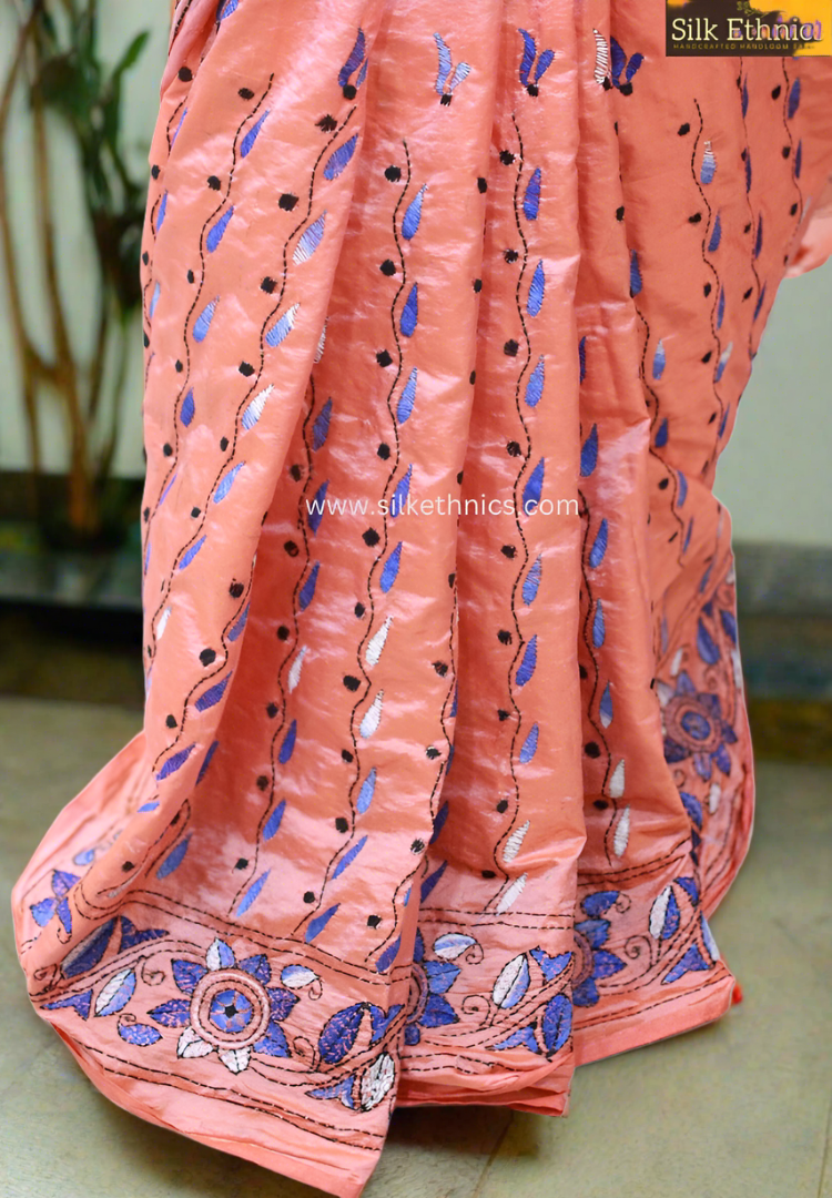 Coral peach hand embroidered saree