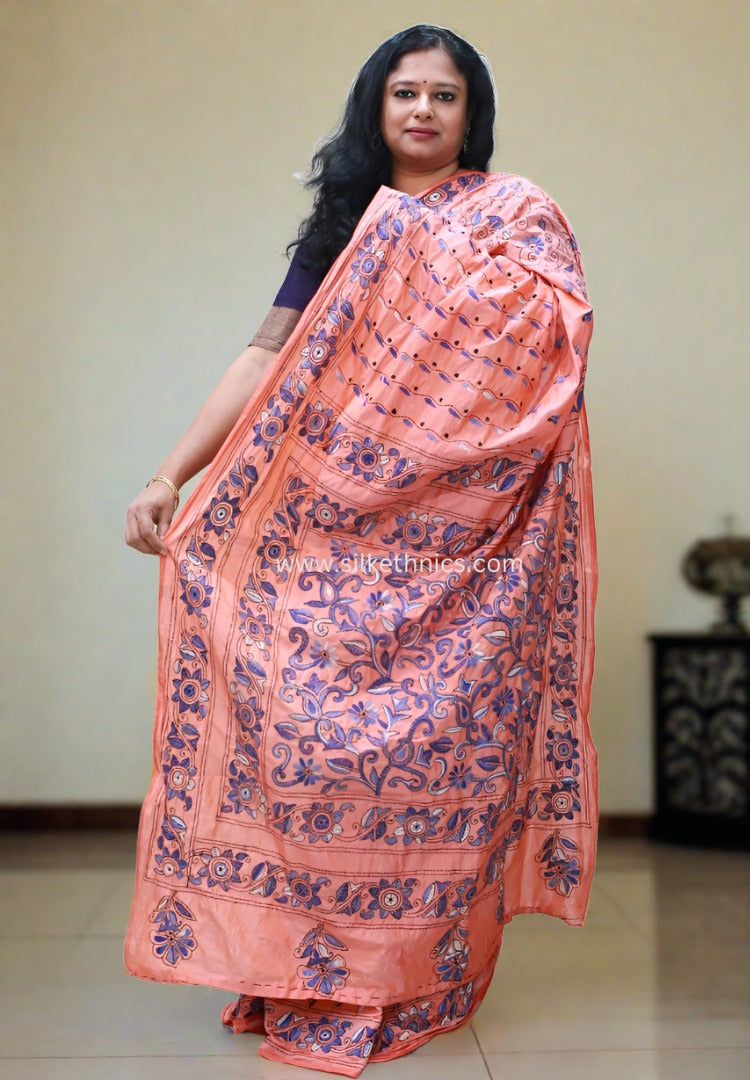 Coral peach hand embroidered saree