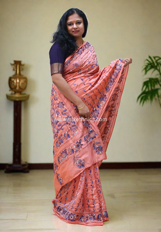 Coral peach hand embroidered saree