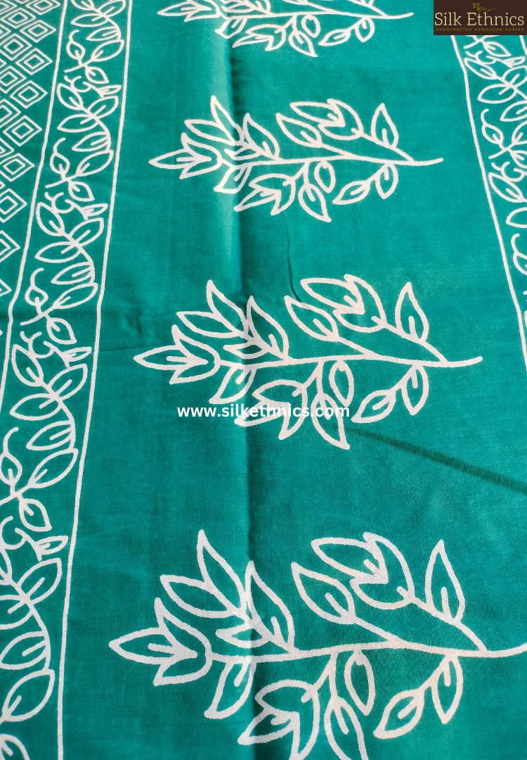 Teal green blockprinted cotton saree