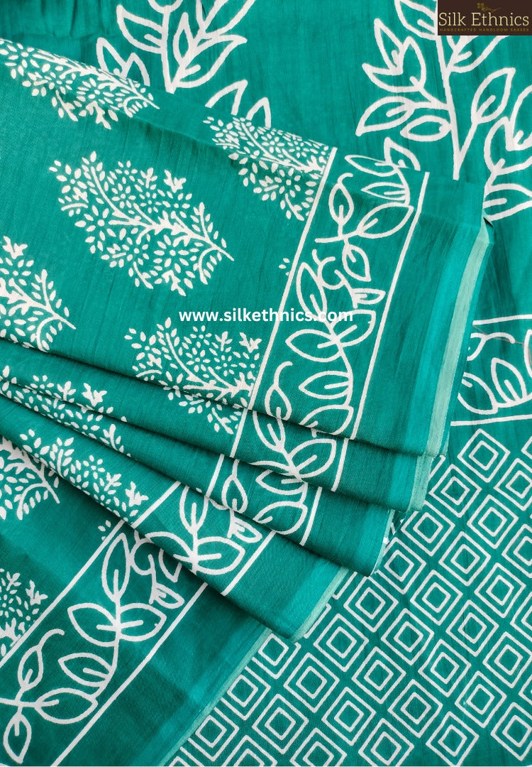 Teal green blockprinted cotton saree