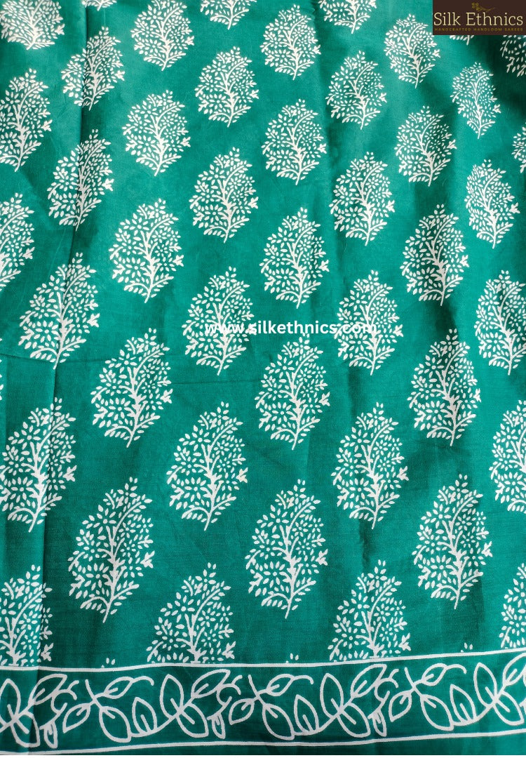 Teal green blockprinted cotton saree