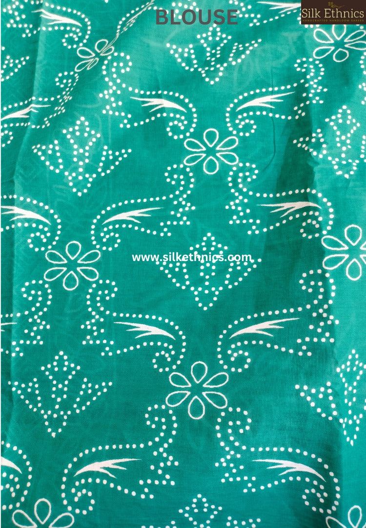 Teal green blockprinted cotton saree