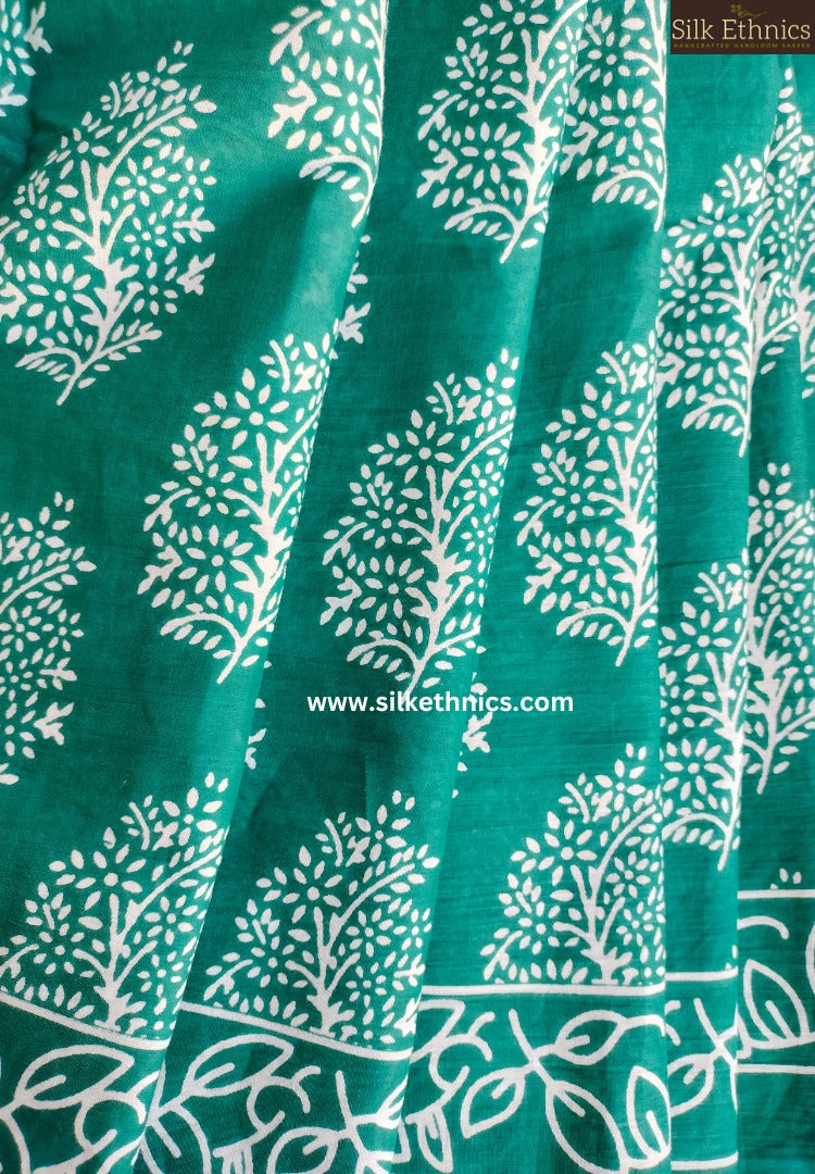 Teal green blockprinted cotton saree