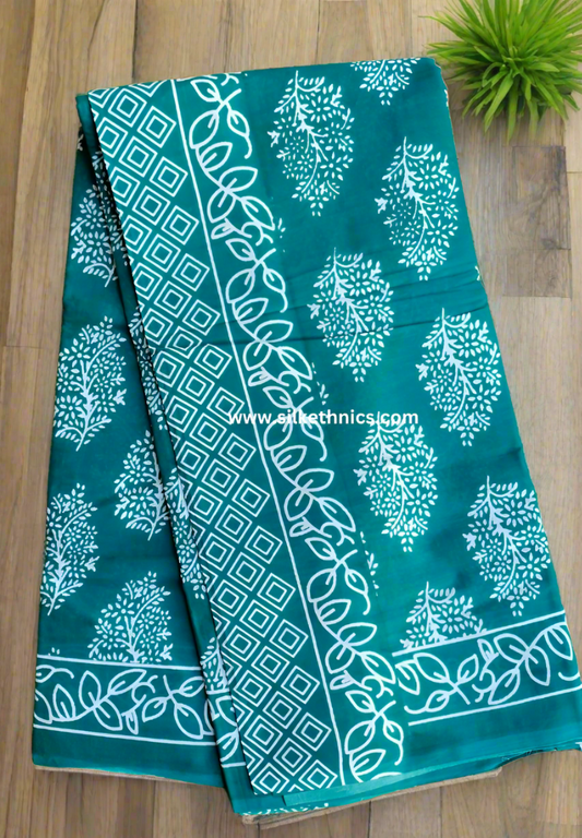 Teal green blockprinted cotton saree