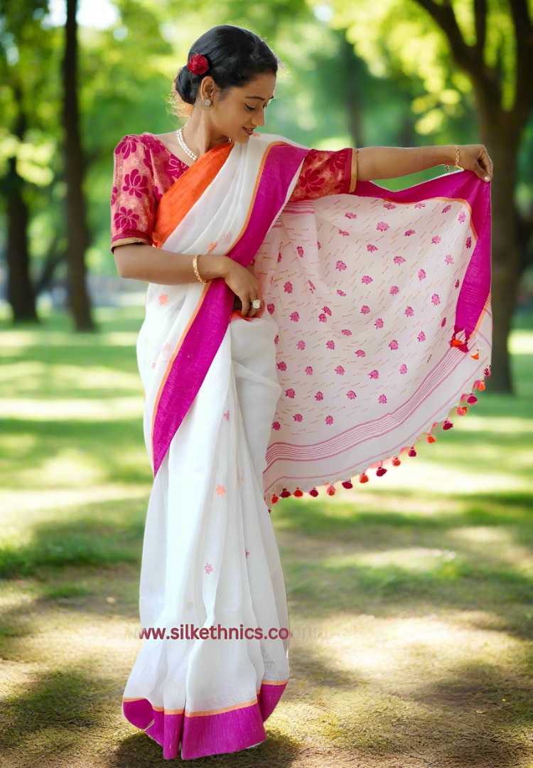 Powder white Aakriti Linen saree