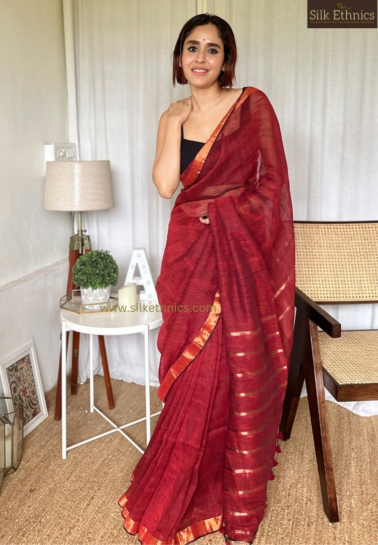 Ruby red Meera linen saree