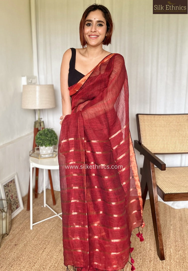 Ruby red Meera linen saree