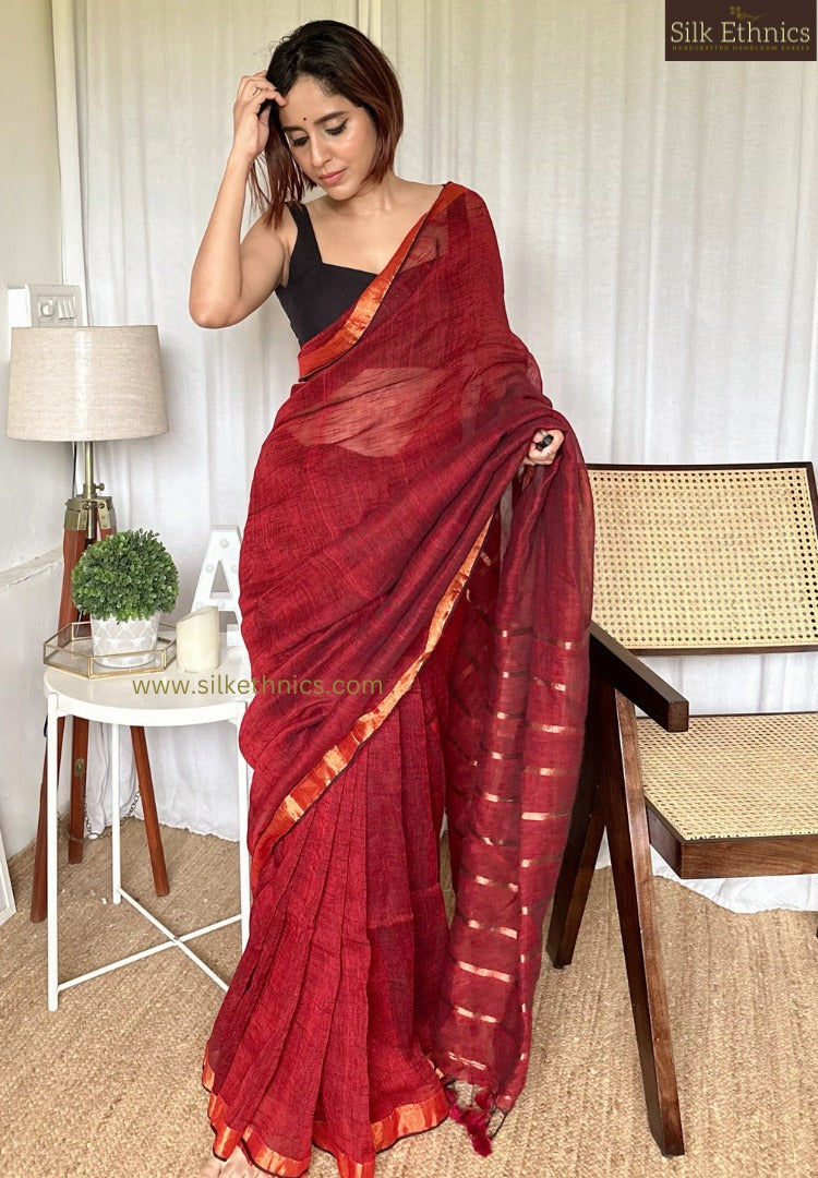 Ruby red Meera linen saree