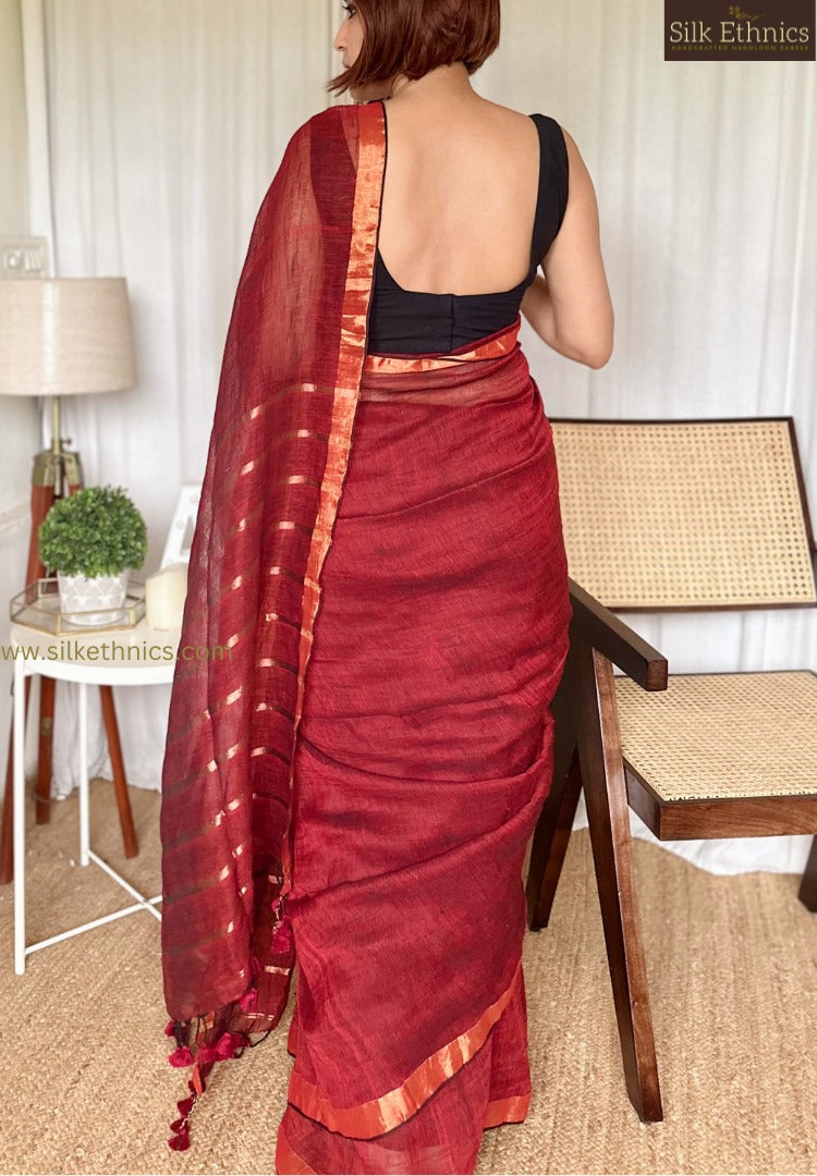 Ruby red Meera linen saree