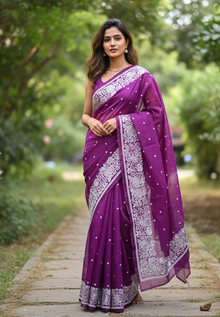 Rich wine Banarasi organza embroidered saree by Silk Ethnics