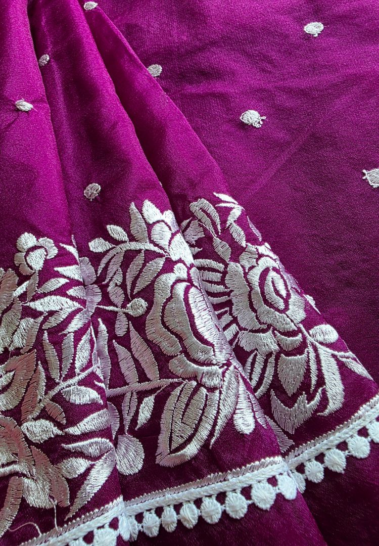 Rich wine Banarasi organza embroidered saree, photo 5 of 7