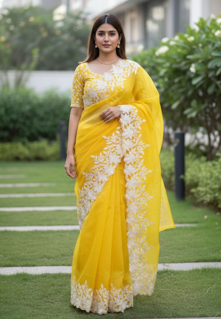 Golden Yellow Banarasi organza embroidered cutwork saree by Silk Ethnics