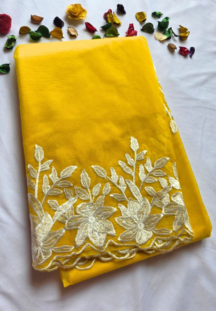 Golden Yellow Banarasi organza embroidered cutwork saree, photo 2 of 6