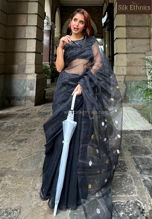 Classic Black handwoven linen resham saree