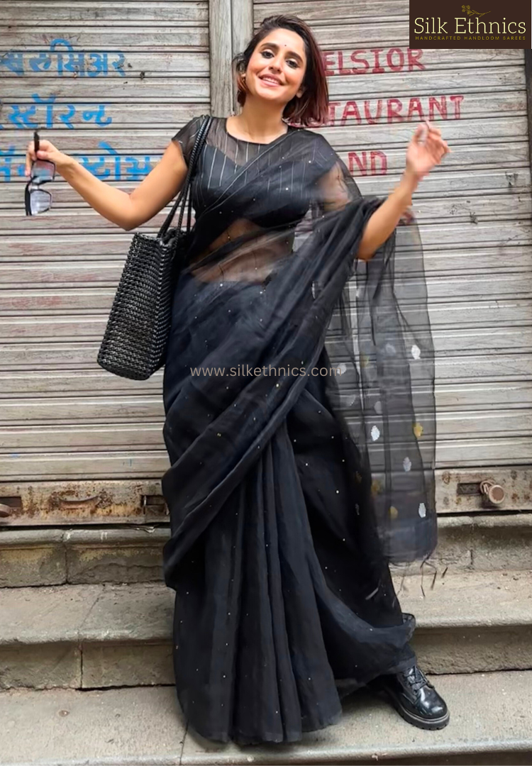 Classic Black handwoven linen resham saree