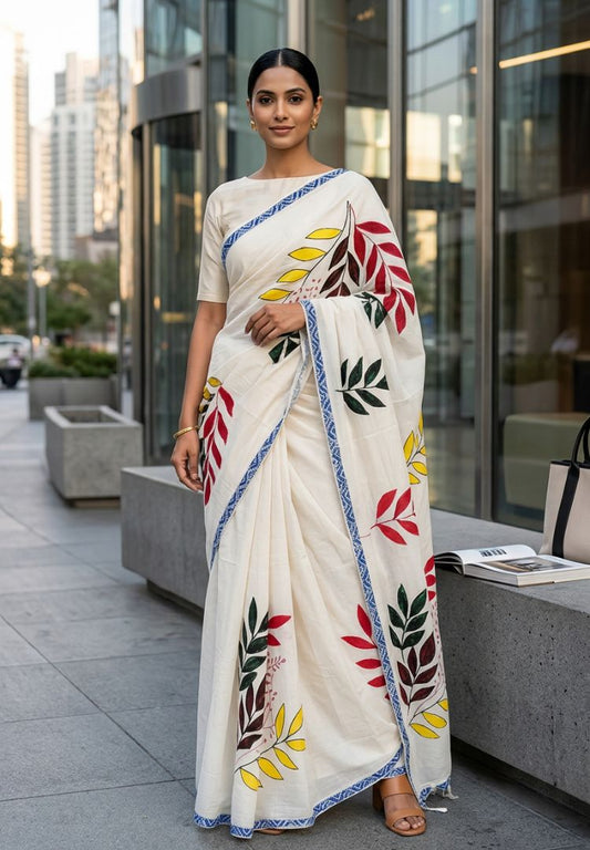 Ivory designer appliqué work cotton saree