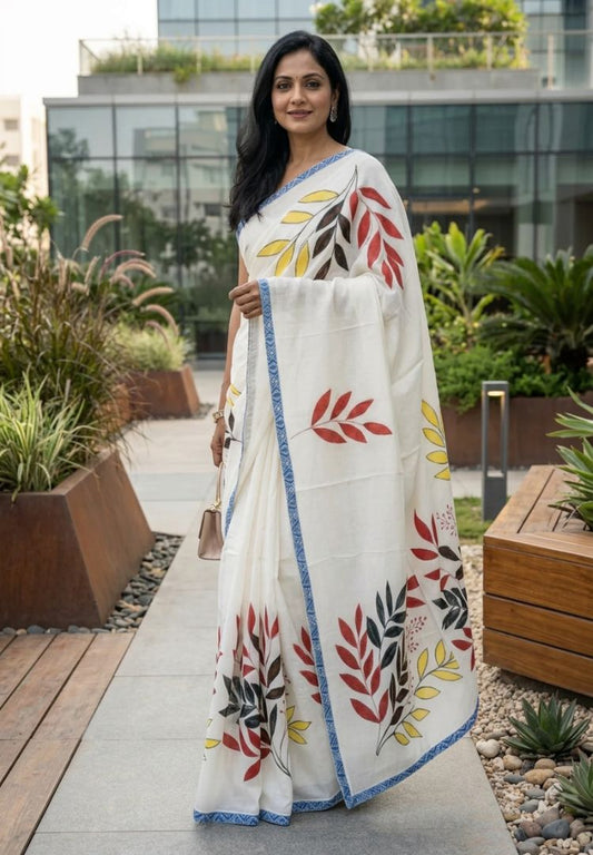 Ivory designer appliqué work cotton saree