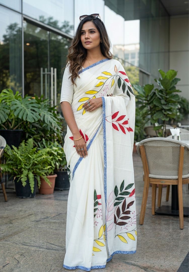 Ivory designer appliqué work cotton saree
