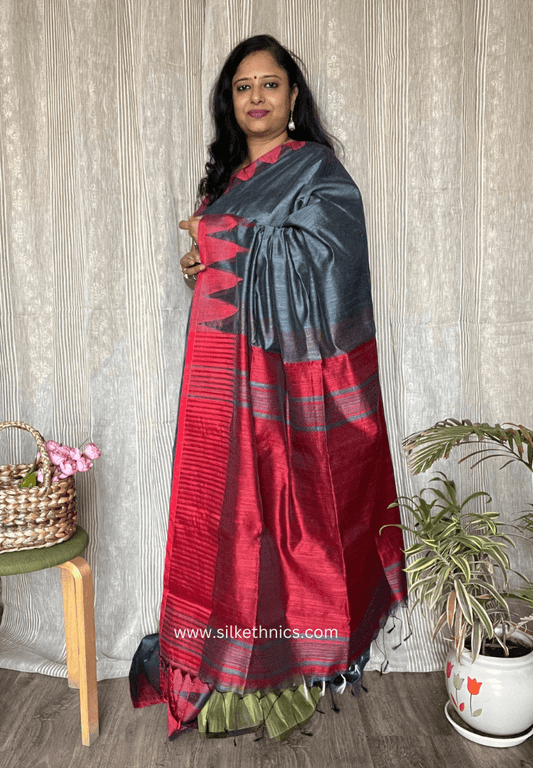 Slate grey and red temple border saree