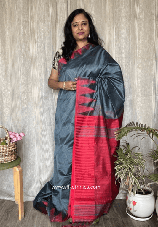 Slate grey and red temple border saree