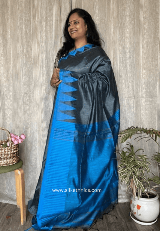 Slate grey and blue temple border saree