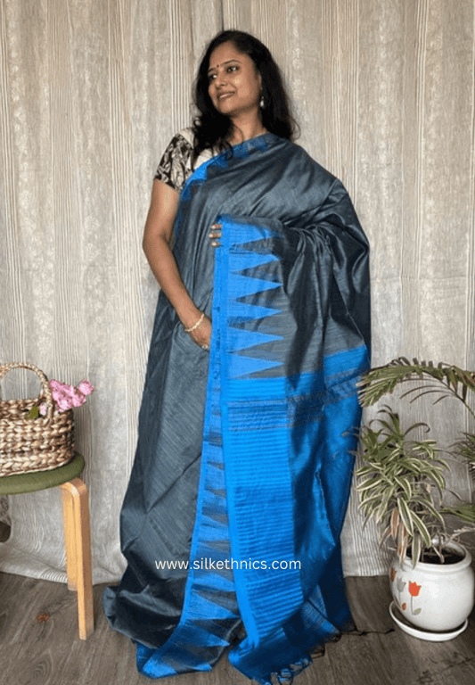 Slate grey and blue temple border saree