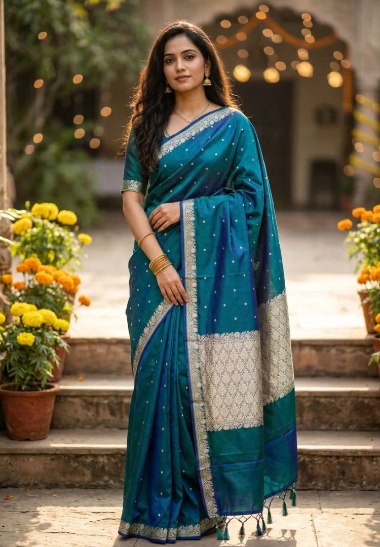 Peacock Blue Green Banarasi Katan silk saree (Silk Mark)