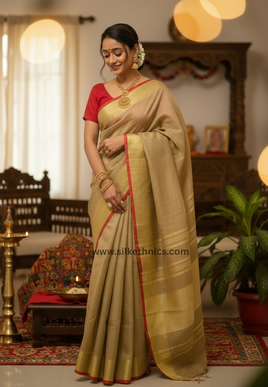 Beige and Red Varnika Linen saree