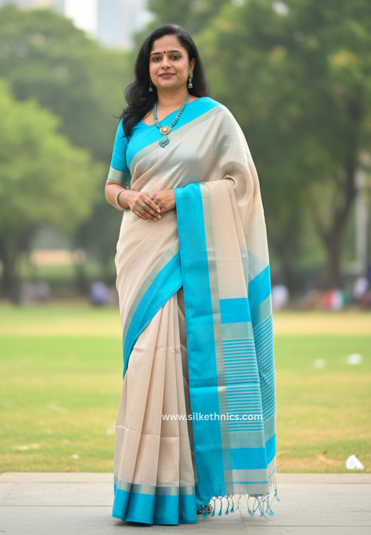 Sky Blue Maheshwari Pure Handloom Silk saree