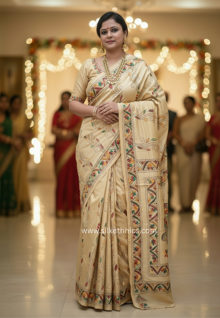 Rich Ivory hand embroidered silk saree