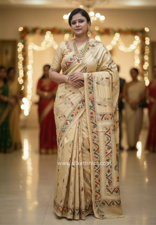 Rich Ivory hand embroidered silk saree