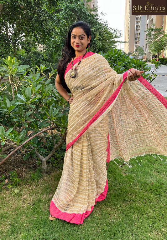 Beige and pink ketiya Gicha Handloom saree