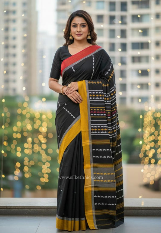 Black and mustard Dhaniakhali Handloom Ikkat Cotton saree