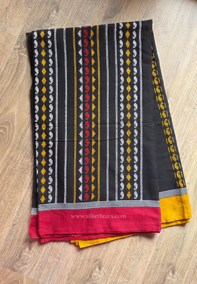 Black and mustard Dhaniakhali Handloom Ikkat Cotton saree (Pre-order)
