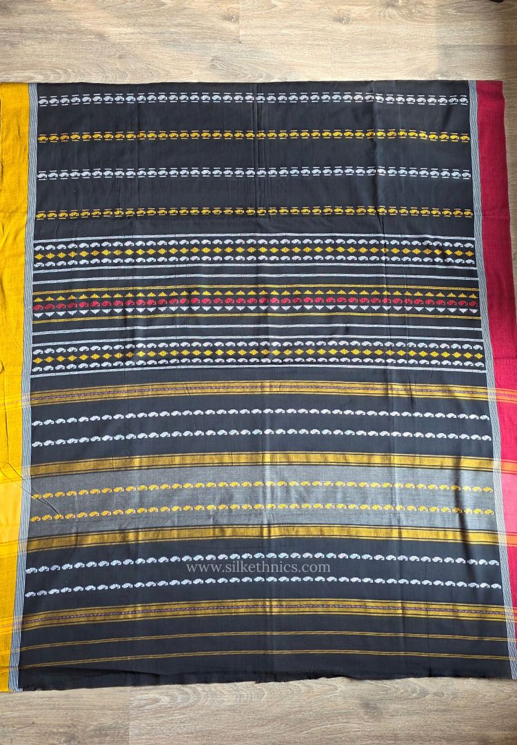 Black and mustard Dhaniakhali Handloom Ikkat Cotton saree (Pre-order)