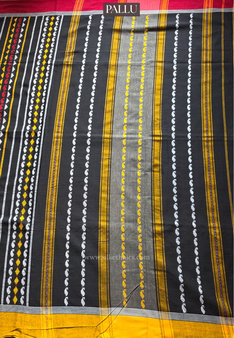 Black and mustard Dhaniakhali Handloom Ikkat Cotton saree (Pre-order)