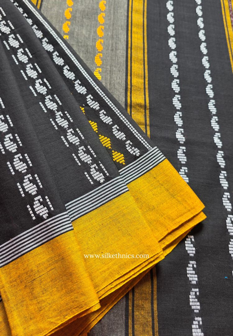 Black and mustard Dhaniakhali Handloom Ikkat Cotton saree (Pre-order)