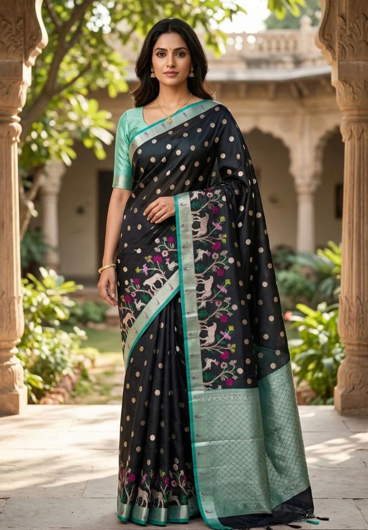 Woman wearing the Rich Black and Teal zari weaving Kota silk saree - Silk Ethnics