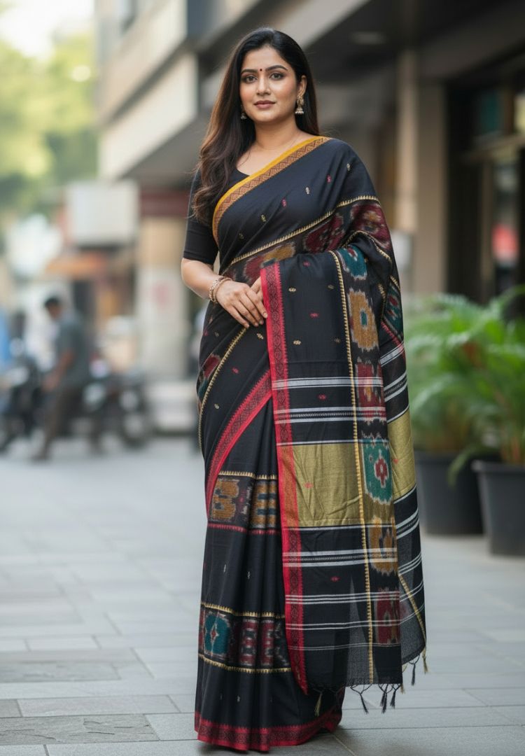 classic Black Ikkat weaving Dhaniakhali handloom cottton saree