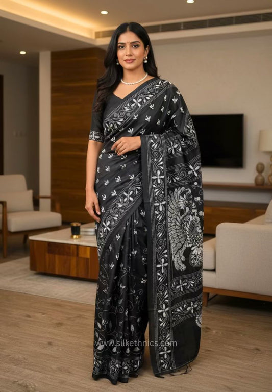 Timeless Black Kantha Hand Embroidered silk saree