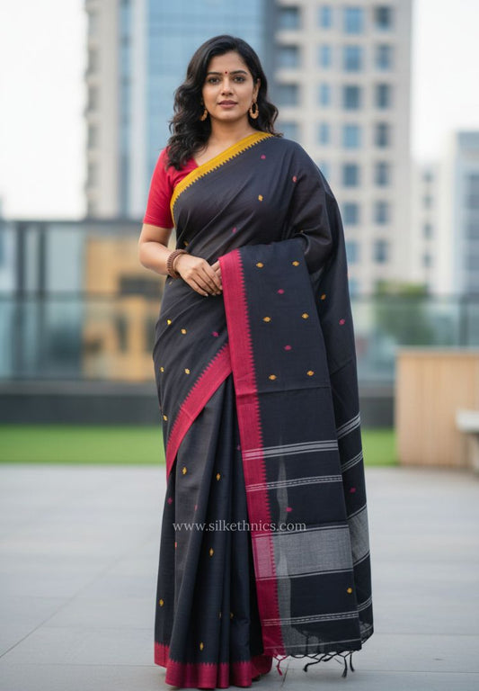 Dark Navy Dhaniakhali Handloom Cotton saree